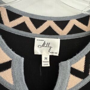 Milly of New York Sweater Dress Woman Black Printed Merino Wool Bell Sleeve.